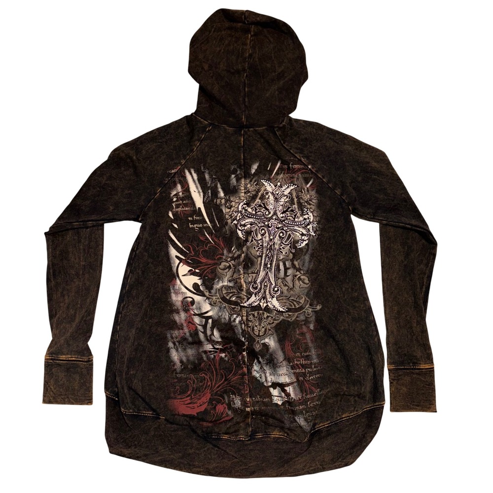 Y2K Vocal Mens Gothic Cross Rhinestone Studded Acid Wash Zip Up Hoodie Brown S